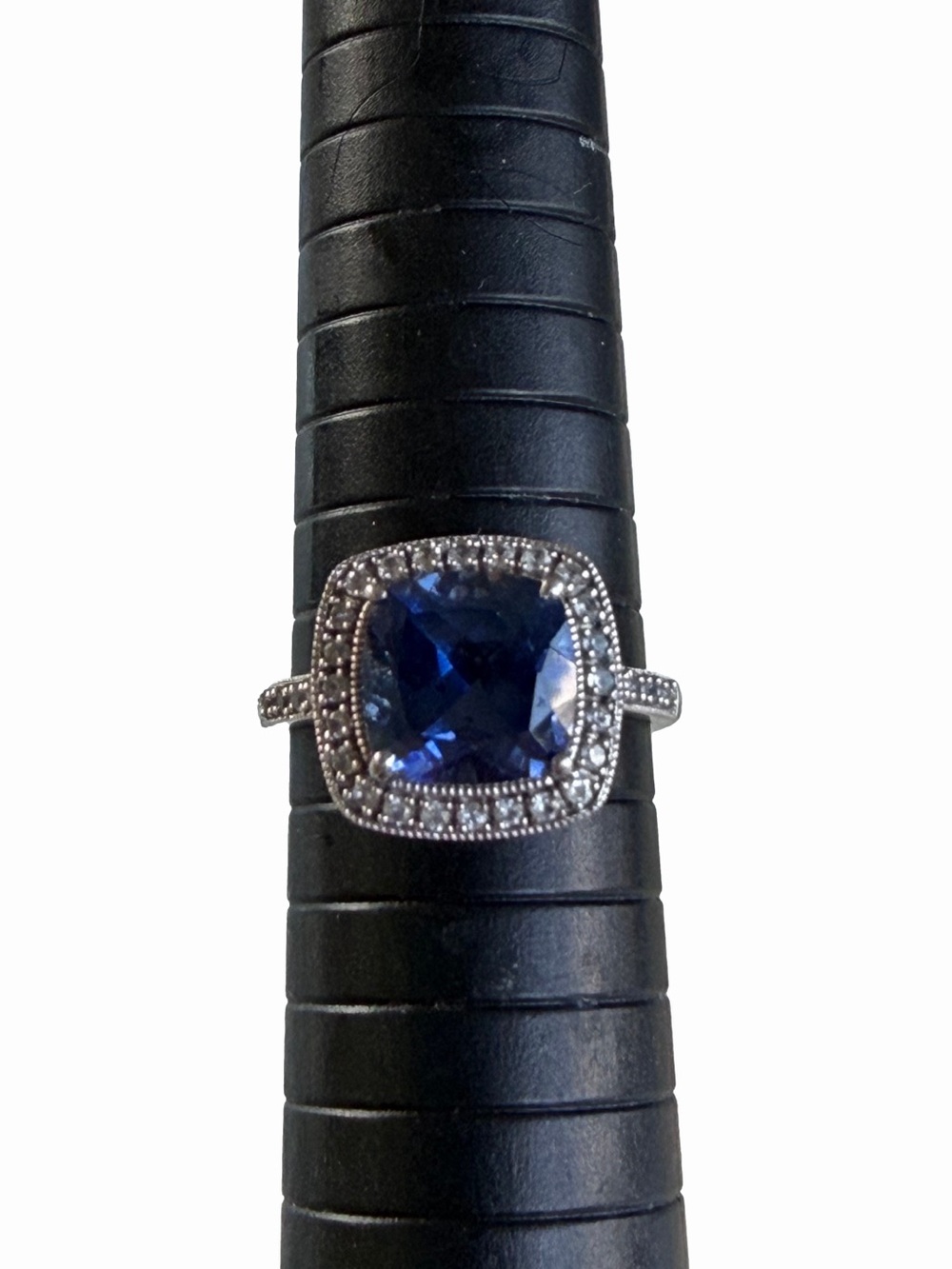 Blue Sapphire Halo Ring | Cushion Cut | Sterling Silver | Statement Ring